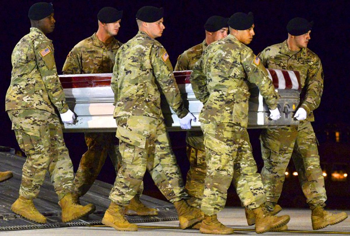 The remains of Army Staff Sgt. Dustin Wright who was killed in an ambush  by dozens of Islamic extremists on a joint patrol of American and Niger Force. (AP/Staff Sgt. Aaron J. Jenne)