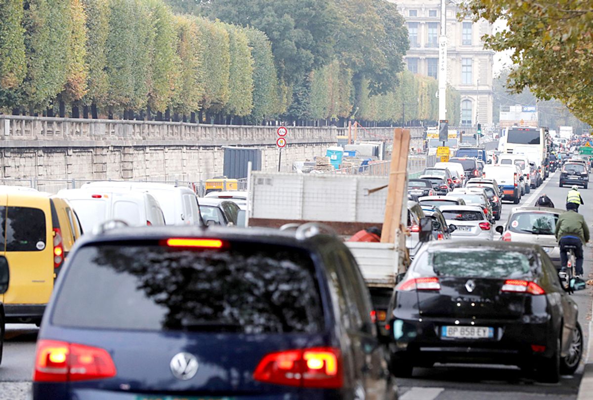 Cars and vehicles are caught in a traffic jam on the Quai des Tuileries in central Paris. 
 (Getty/Francois Guillot)