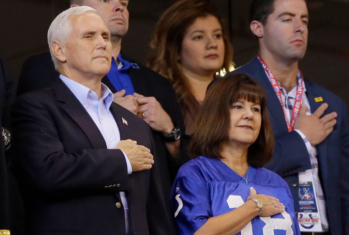 Mike Pence and his wife, Karen, at a game between the Indianapolis Colts and the San Francisco 49ers, Oct. 8, 2017, in Indianapolis. (AP/Michael Conroy)