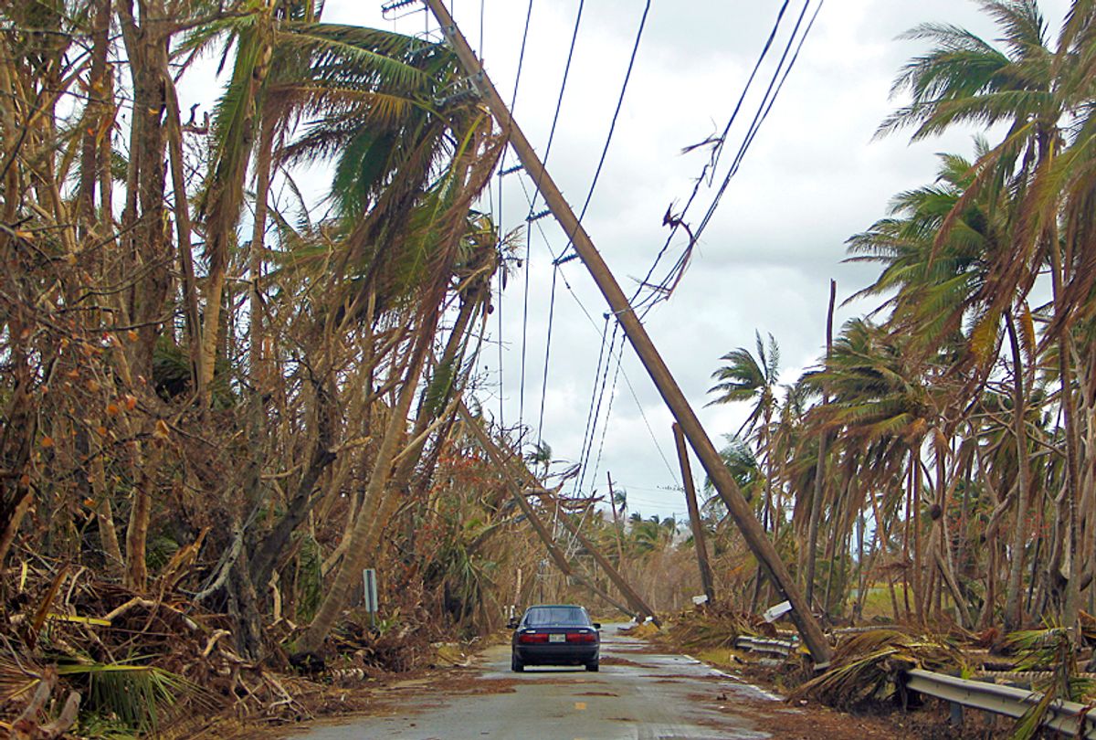A car drives under tilted power line poles in the aftermath of Hurricane Maria in Humacao, Puerto Rico. (Getty/Ricardo Arduengo)