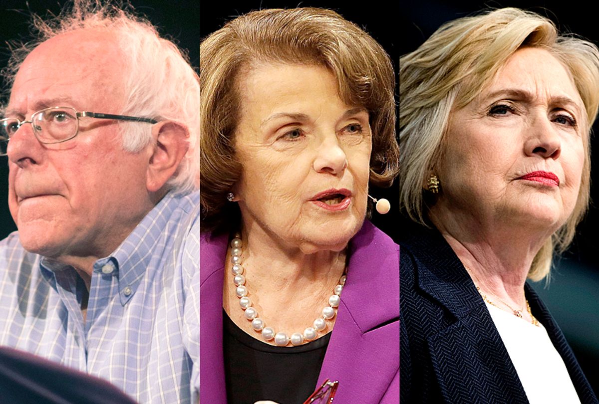 Bernie Sanders; Dianne Feinstein; Hillary Clinton (Getty/Maddie McGarvey/AP/Jeff Chiu/Matt Rourke)