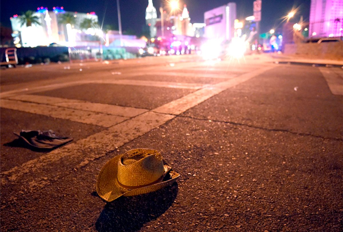 A hat lies in the street after a mass shooting at a country music festival on October 1, 2017 in Las Vegas. (Getty/David Becker)