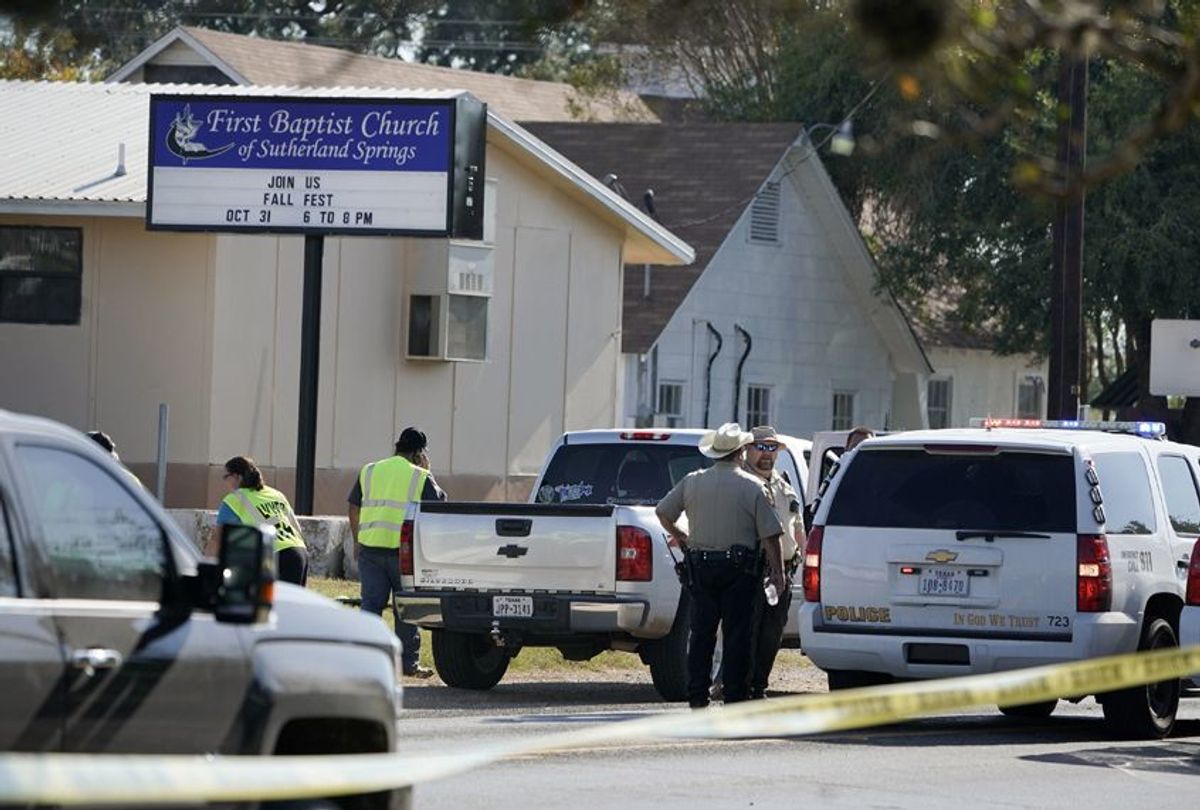 Law enforcement officers gather in front of the First Baptist Church of Sutherland Springs after a fatal shooting, Nov. 5, 2017, in Sutherland Springs, Texas (AP/Darren Abate)
