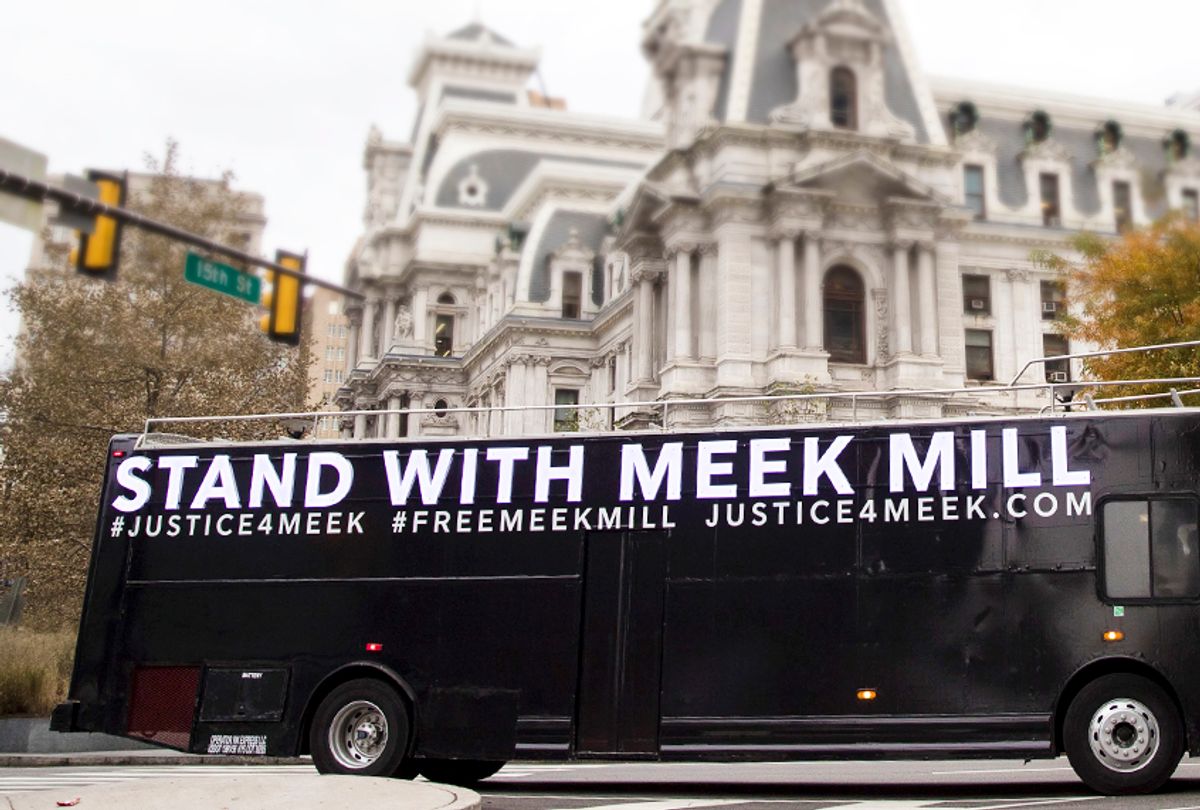 A bus with a message of support for Meek Mill drives in Philadelphia (AP/Matt Rourke)