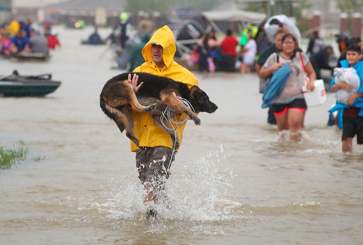 People evacuate their homes after flooding from Hurricane Harvey. (Getty/Joe Raedle)