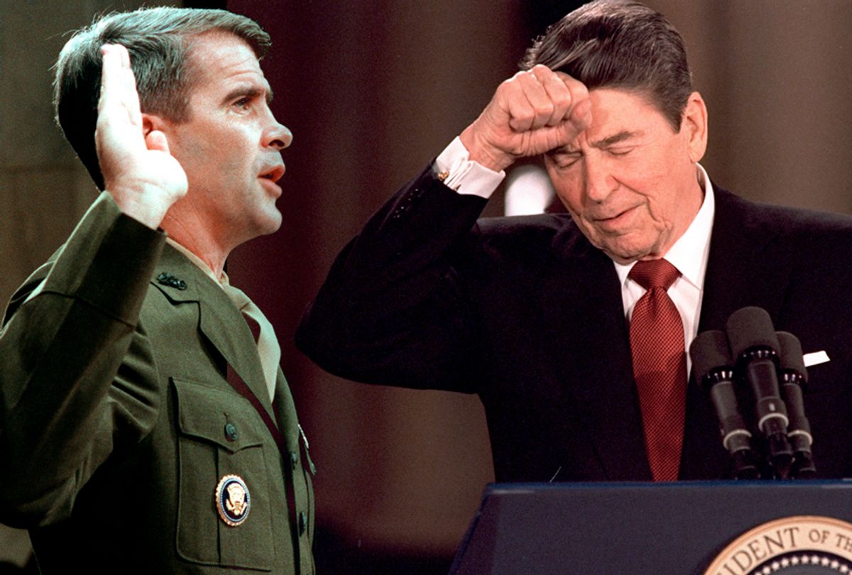 Oliver North; Ronald Reagan (Getty/Chris Wilkins/AP/Photo montage by Salon)