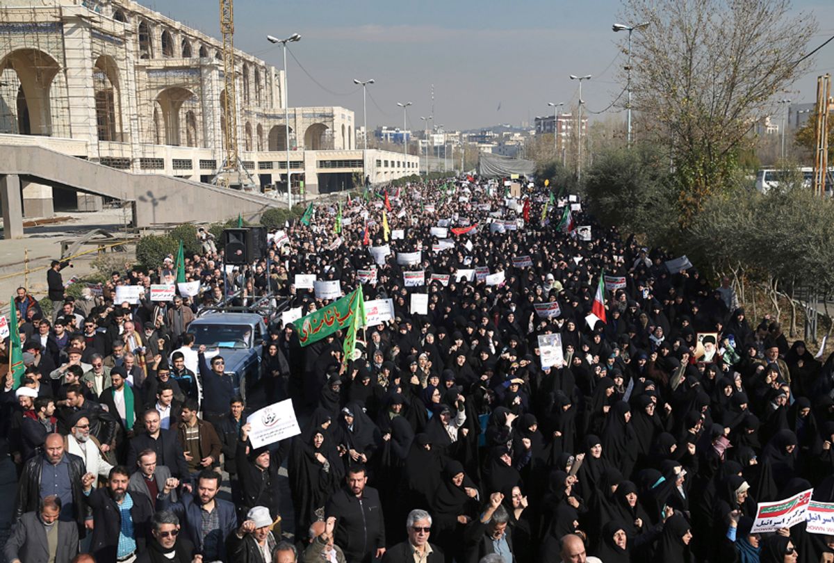 Iranian protesters chant slogans at a rally in Tehran, Iran, Dec. 30, 2017. (AP/Ebrahim Noroozi)