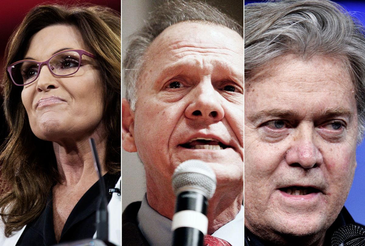 Sarah Palin; Roy Moore; Steve Bannon (Jeff Malet, maletphoto.com/Getty/AP)