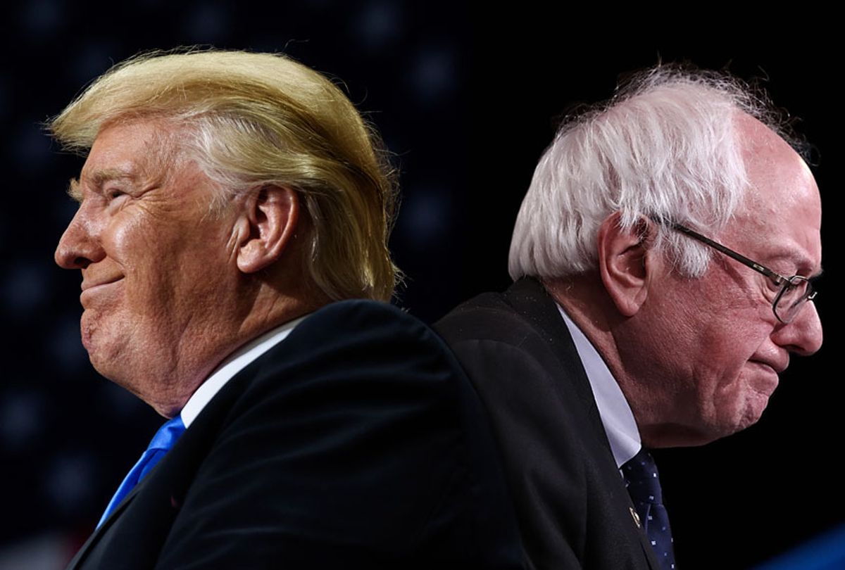 Happy Donald Trump and Sad Bernie Sanders (Getty/Justin Merriman/Win McNamee)