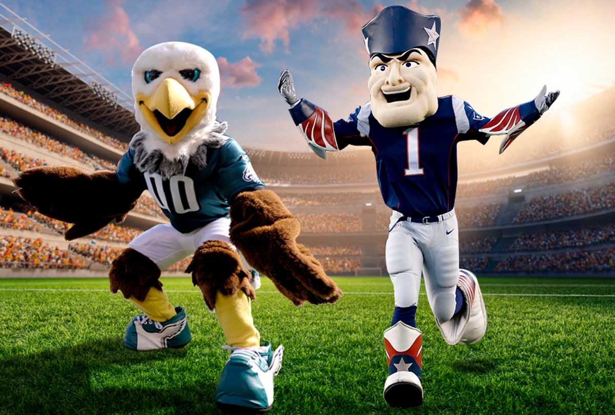 Philadelphia Eagles mascot, Swoop and New England Patriots mascot, Pat Patriot (Getty/AP/Salon)