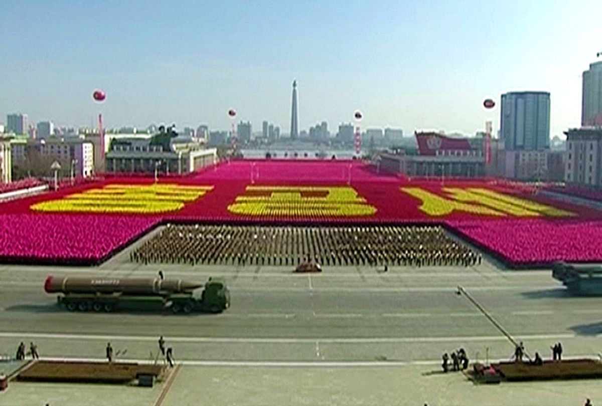 A military parade is held in Pyongyang, North Korea, Feb. 8, 2018. (KRT via AP Video)