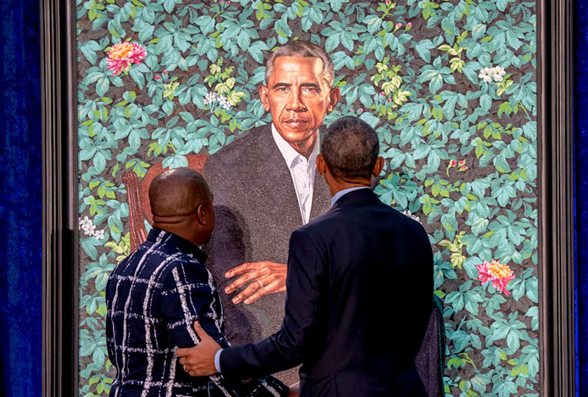 Artist Kehinde Wiley and Barack Obama unveil Obama's official portrait at the Smithsonian's National Portrait Gallery, Feb. 12, 2018. (AP/Andrew Harnik)