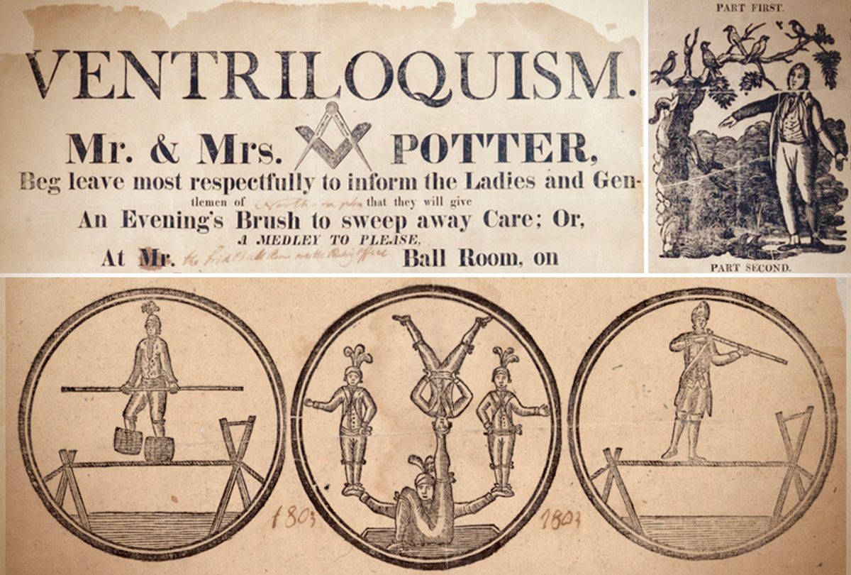 Details of broadsides advertising performances by Richard Potter and his mentor (Historic Northampton, Massachusetts/American Antiquarian Society)