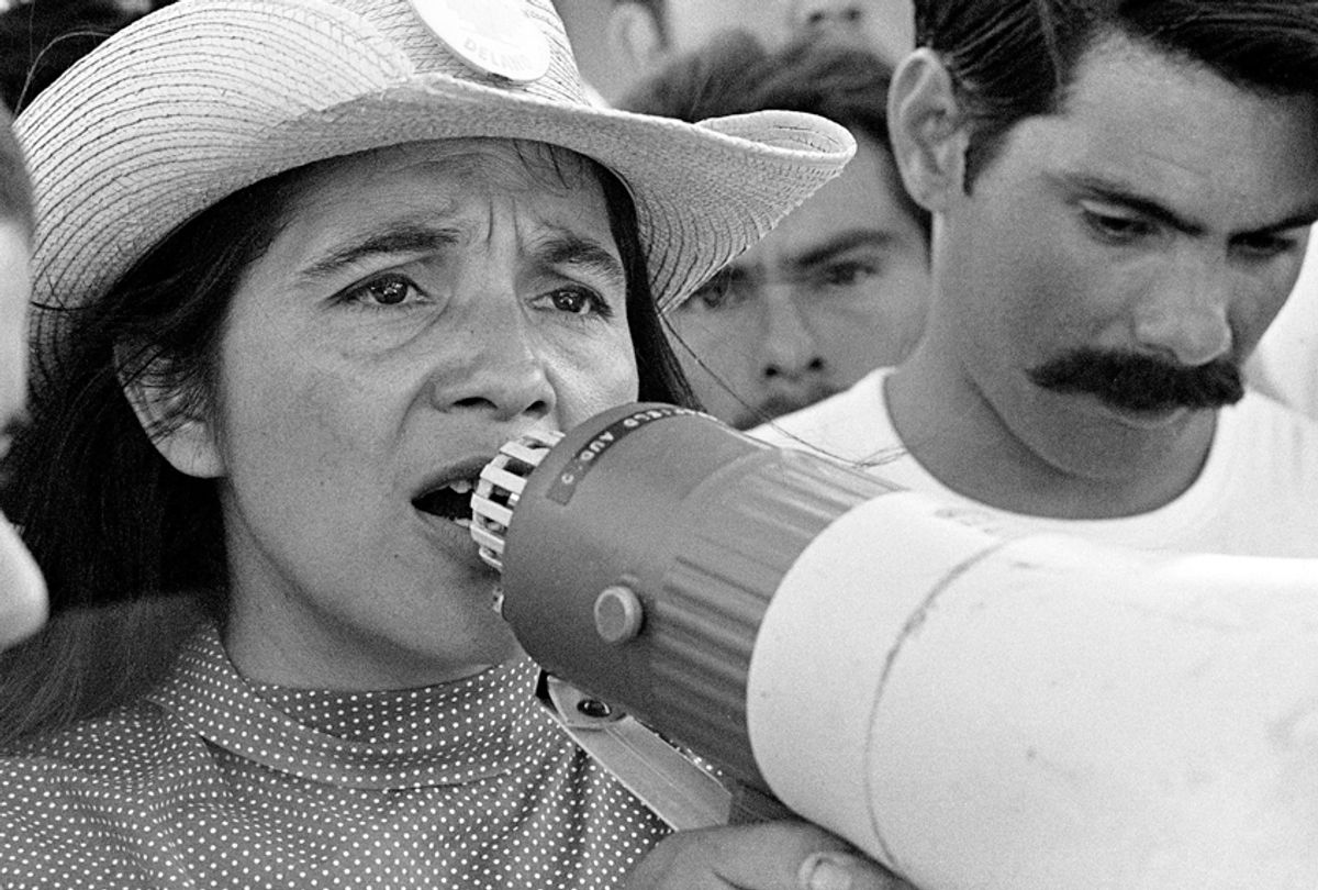 United Farm Workers leader Dolores Huerta organizing marchers on the 2nd day of March Coachella in Coachella, CA 1969. (George Ballis/Take Stock/The Image Works)