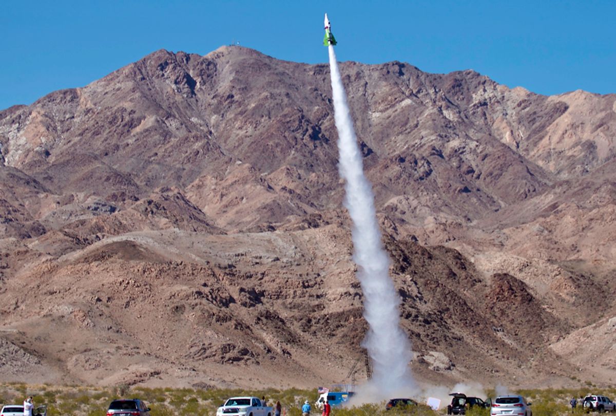 "Mad" Mike Hughes' home-made rocket launches near Amboy, Calif., on March 24, 2018. (AP/Matt Hartman)