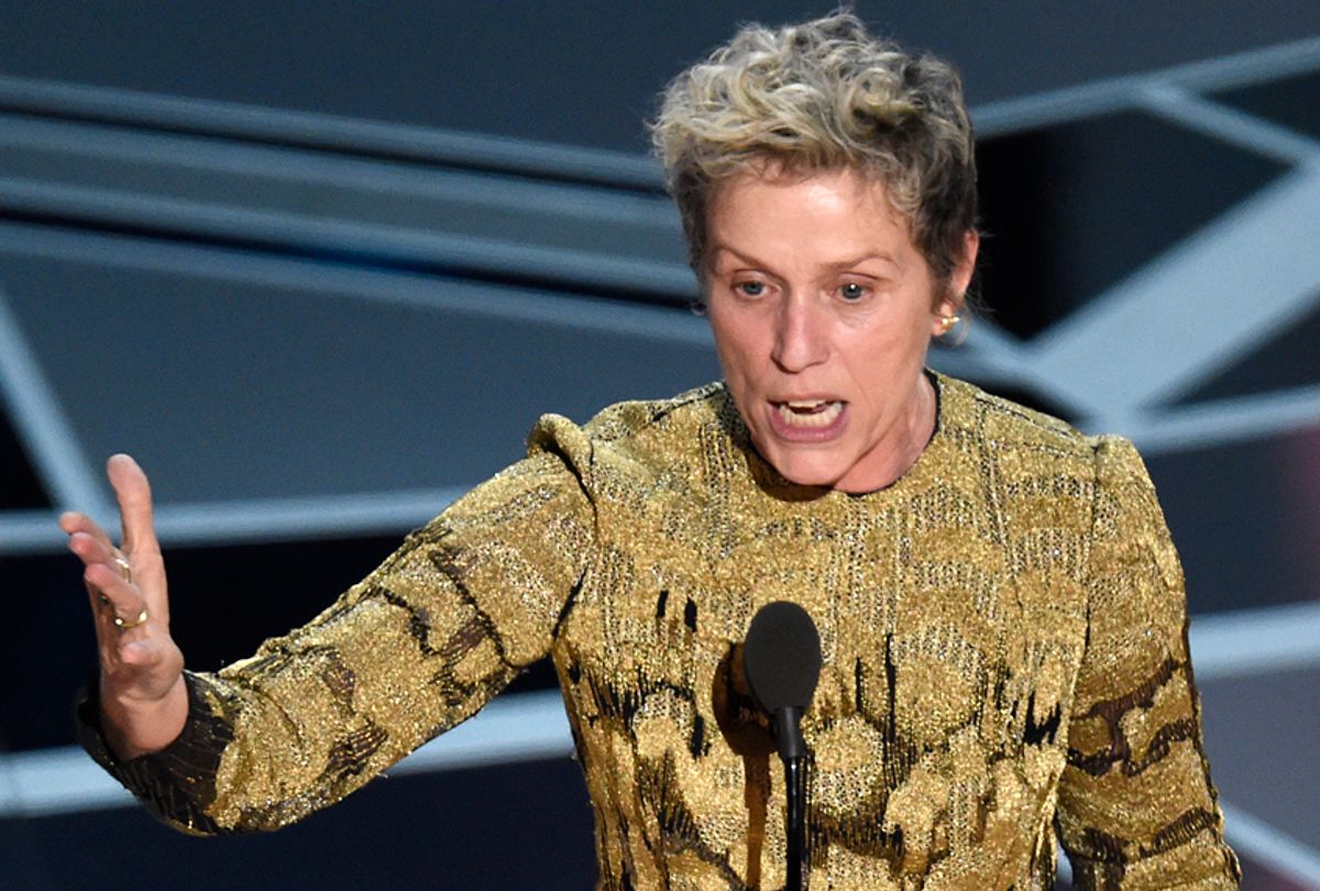 Frances McDormand accepts the award for best performance by an actress in a leading role  at the Oscars on Sunday, March 4, 2018. (AP/Chris Pizzello)