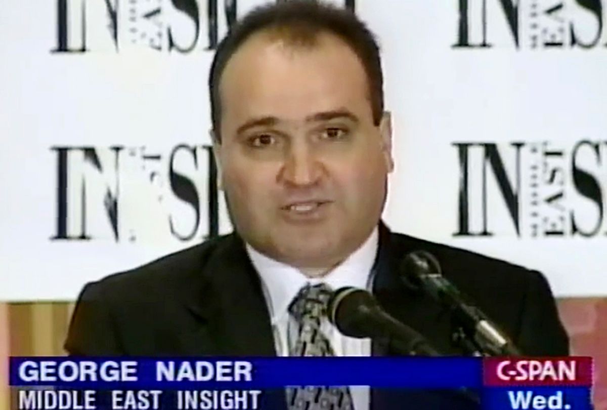 This 1998 frame from video provided by C-SPAN shows George Nader, president and editor of Middle East Insight. (C-SPAN via AP)