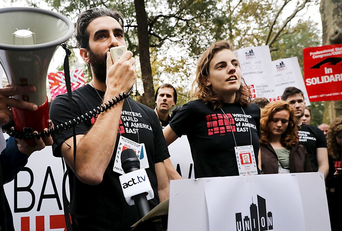 Dozens of Gothamist and  DNAinfo employees and supporters rally  to support the journalists and other staff members who lost their jobs at the publications. (Getty/Spencer Platt)