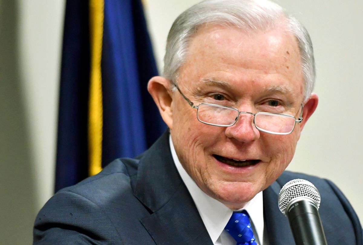 Attorney General Jeff Sessions, speaks to a gathering of law enforcement officials at the United States Attorney's offices, Thursday, March 15, 2018, in Lexington, Ky. Sessions spoke about the efforts to combat drug trafficking and end the opioid crisis stating that Ky. had a 29 percent decrease in opioid prescriptions over six years, and according to the CDC, the number of emergency room visits for opioid overdoses was 15 percent lower last summer than in the summer of 2016. (AP Photo/) (AP/Timothy D. Easley)