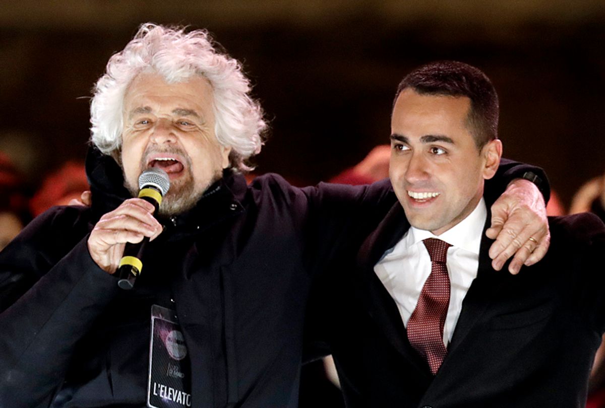 Five-Star Movement (M5S)  party founder Beppe Grillo and candidate premier, Luigi Di Maio attend their party's final rally in Rome, March 2, 2018. (AP/Andrew Medichini)