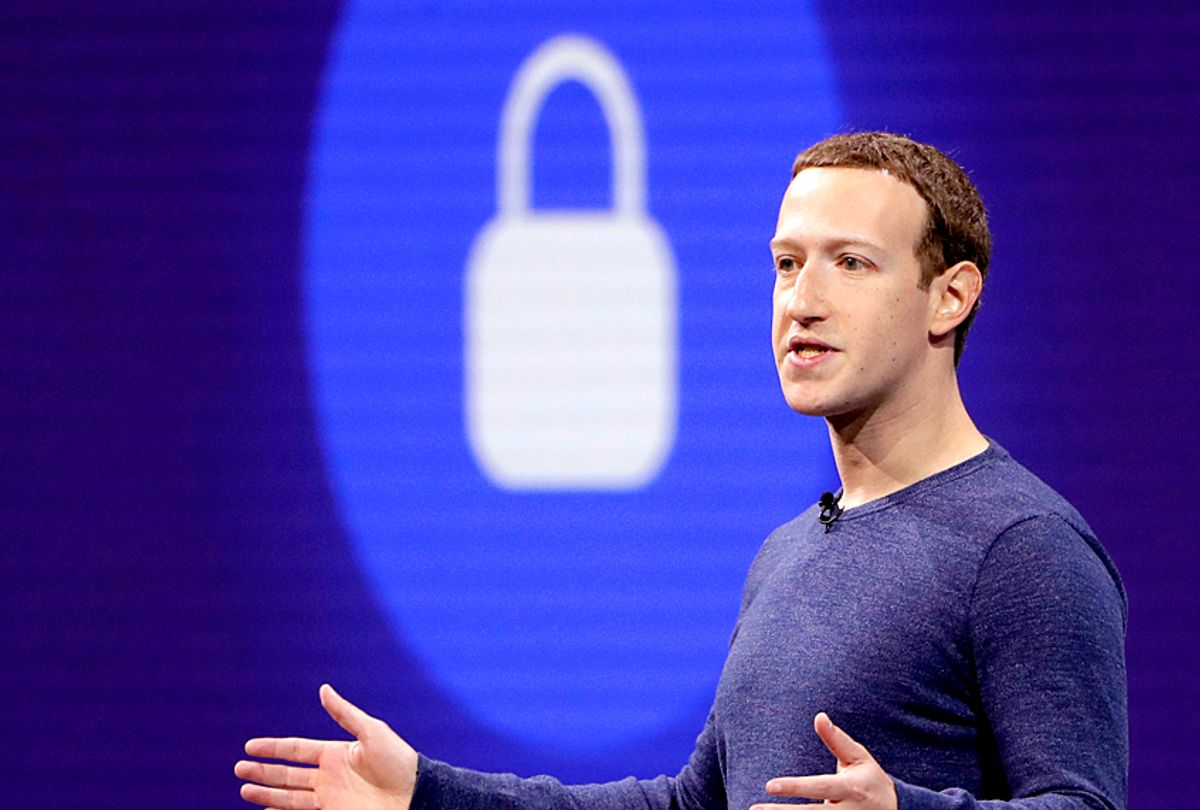 Facebook CEO Mark Zuckerberg makes the keynote speech at F8, theFacebook's developer conference, May 1, 2018. (AP/Marcio Jose Sanchez)