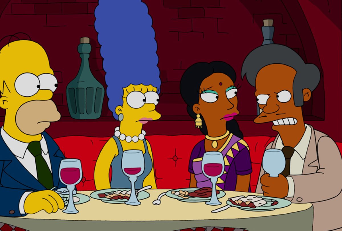Dan Castellaneta as Homer Simpson, Julie Kavner as Marge Simpson, Tress MacNeille as Manjula Nahasapeemapetilon and Hank Azaria as Apu Nahasapeemapetilon in "The Simpsons" (FOX)