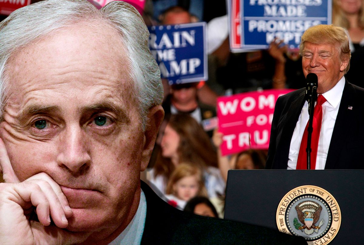 Bob Corker; Donald Trump at a rally (Getty/Salon)