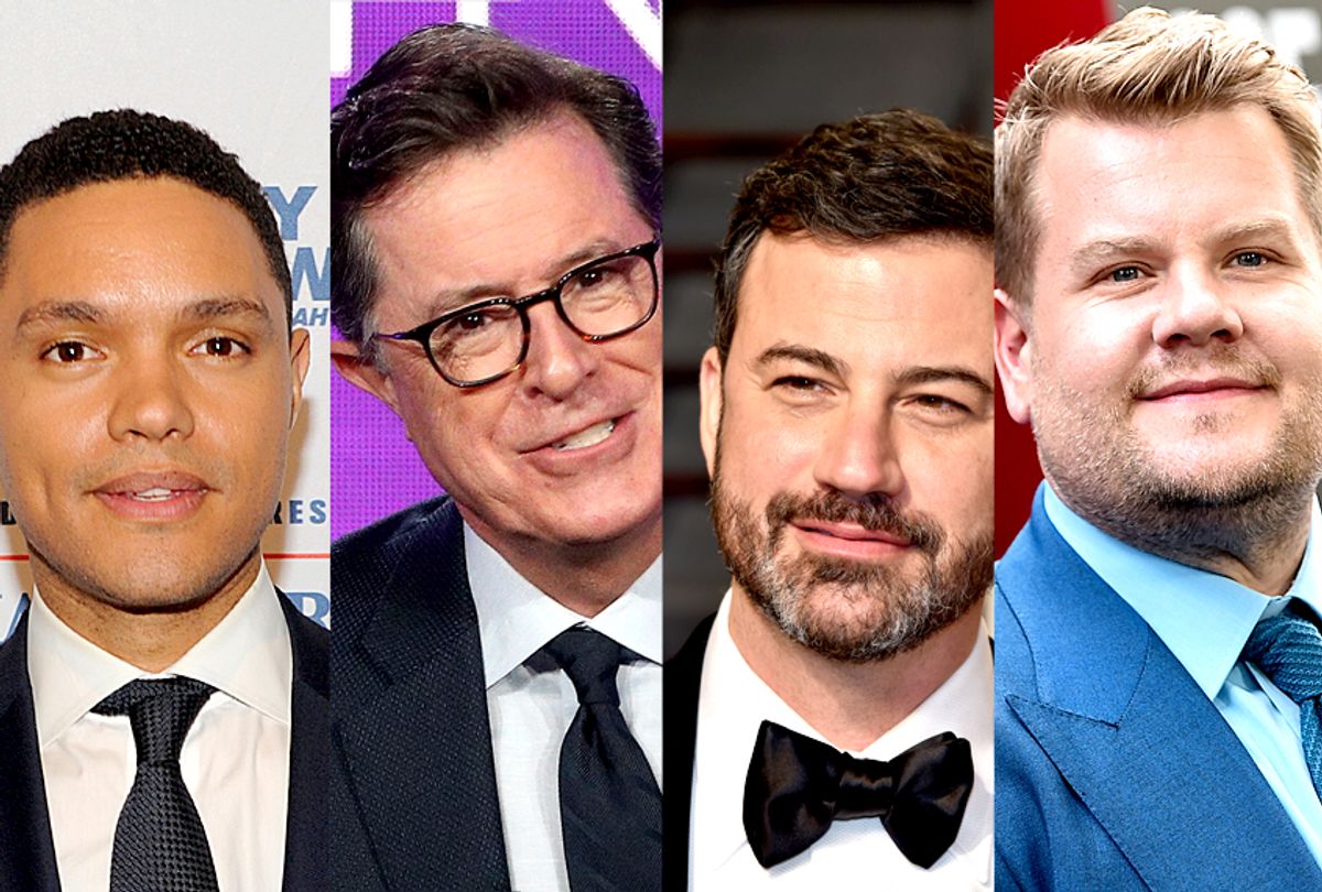 Trevor Noah; Stephen Colbert; Jimmy Kimmel; James Corden (Getty/AP)