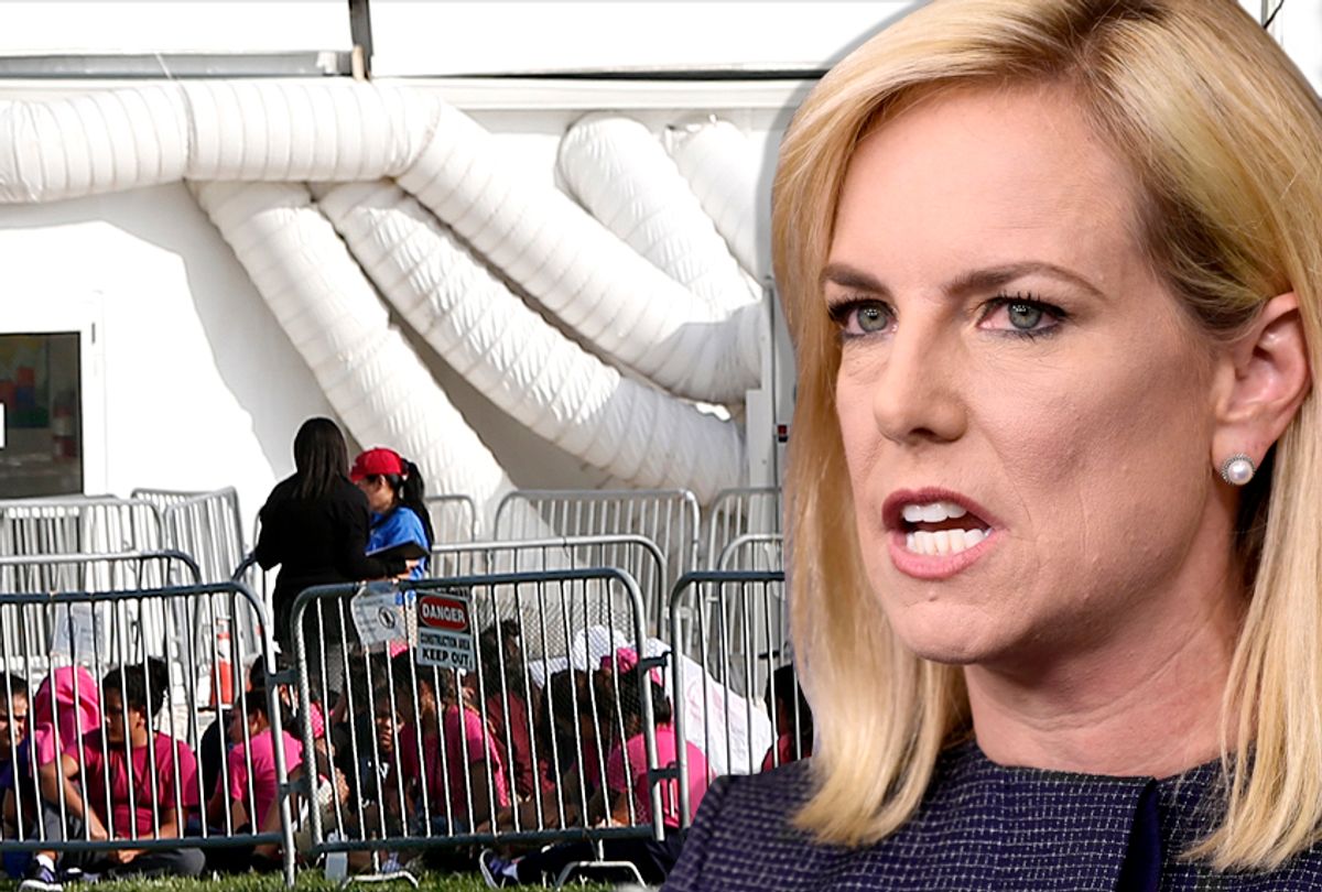Kirstjen Nielsen; Immigrant children outside a former Job Corps site that now houses them. (AP/Susan Walsh/Wilfredo Lee)