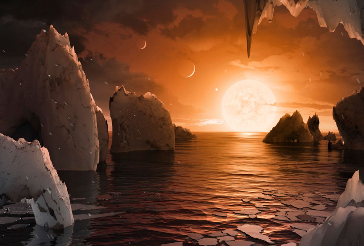 An artist's conception of what the surface of the exoplanet TRAPPIST-1f may look like, based on available data about its diameter, mass and distance from the host star. (NASA/AP)