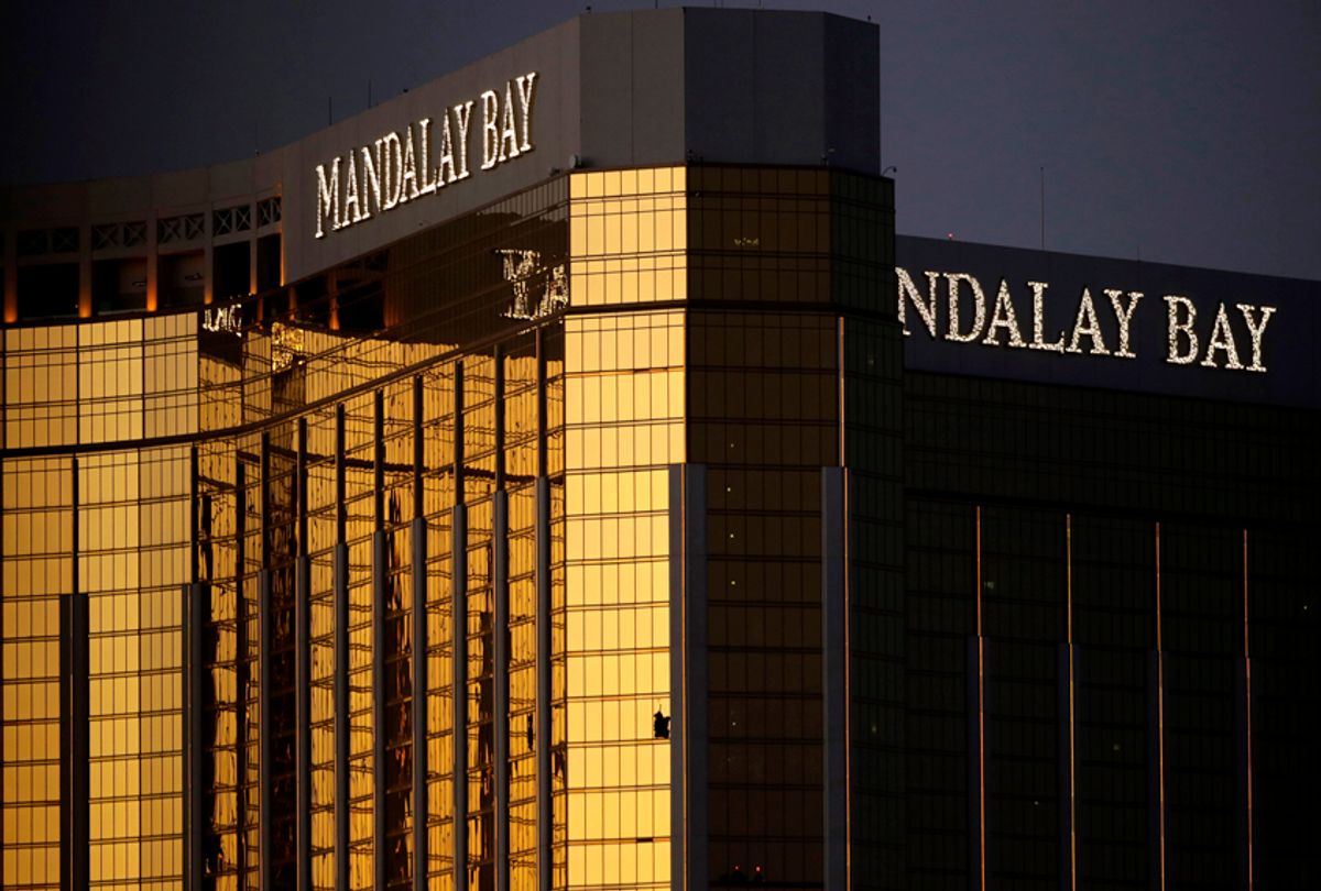 Windows are broken at the Mandalay Bay resort and casino in Las Vegas, the room from where Stephen Craig Paddock fired on a nearby music festival, killed 58 and injuring hundreds on Oct. 1, 2017. (AP/John Locher)