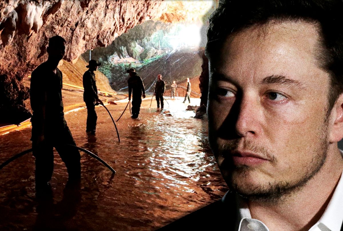 Thai rescue teams arrange a water pumping system at the entrance to a flooded cave complex where 12 boys and their soccer coach have been trapped; Elon Musk (AP/Getty/Salon)