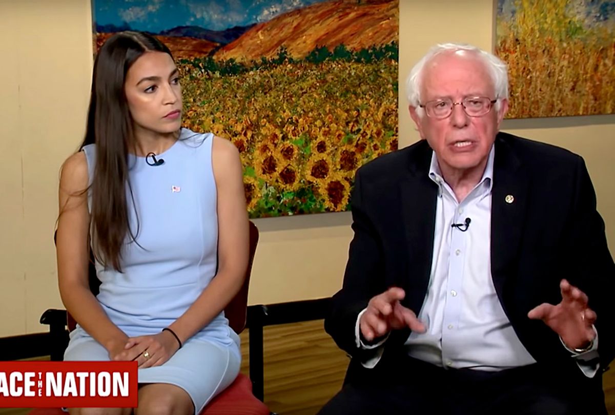 Alexandria Ocasio-Cortez and Bernie Sanders on "Face The Nation", both advocates for the Green New Deal, a Keynesian stimulus project comparable to President Roosevelt's New Deal albeit with an eco-friendly twist. (CBS)