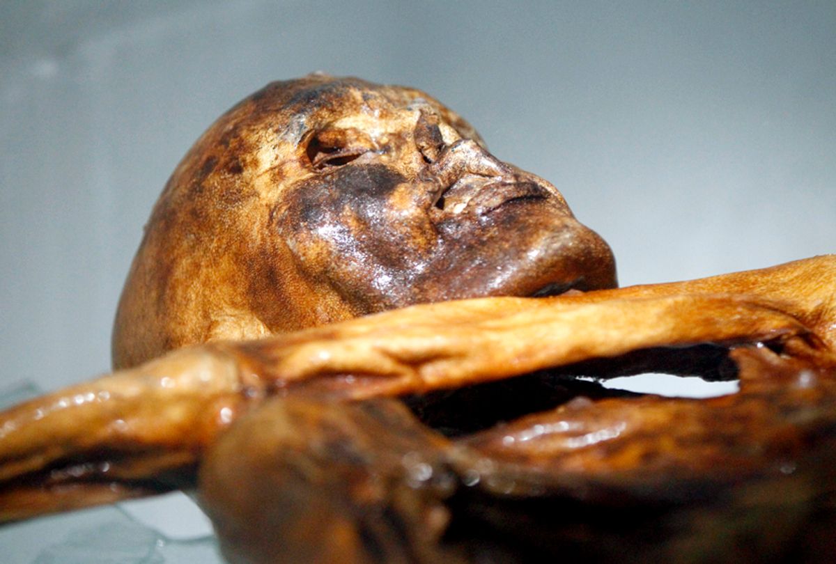 The mummy of an iceman named Otzi, discovered on 1991 in the Italian Schnal Valley glacier. (Getty/Andrea Solero)