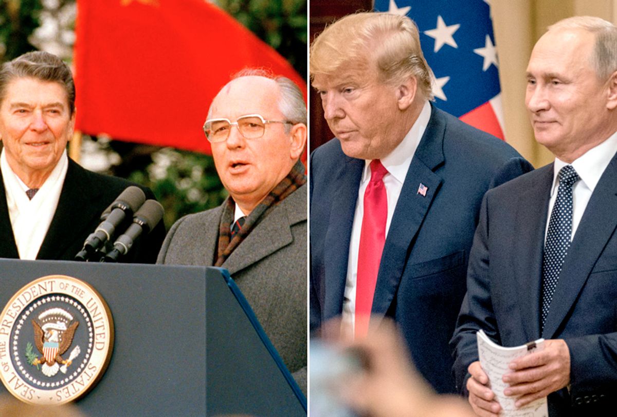 Soviet leader Mikhail Gorbachev and former President Reagan during three days of summit talks, 1987; President Donald Trump and Russian President Vladimir Putin  arrive to a joint press conference after their summit, 2018. (AP/Doug Mills/Getty/Chris McGrath)