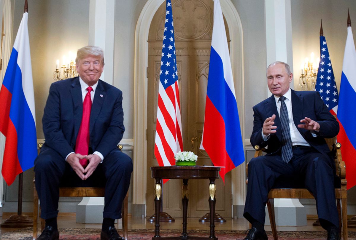 Donald Trump and Vladimir Putin attend a meeting at the Presidential Palace in Helsinki, Finland, July 16, 2018. (AP/Pablo Martinez Monsivais)