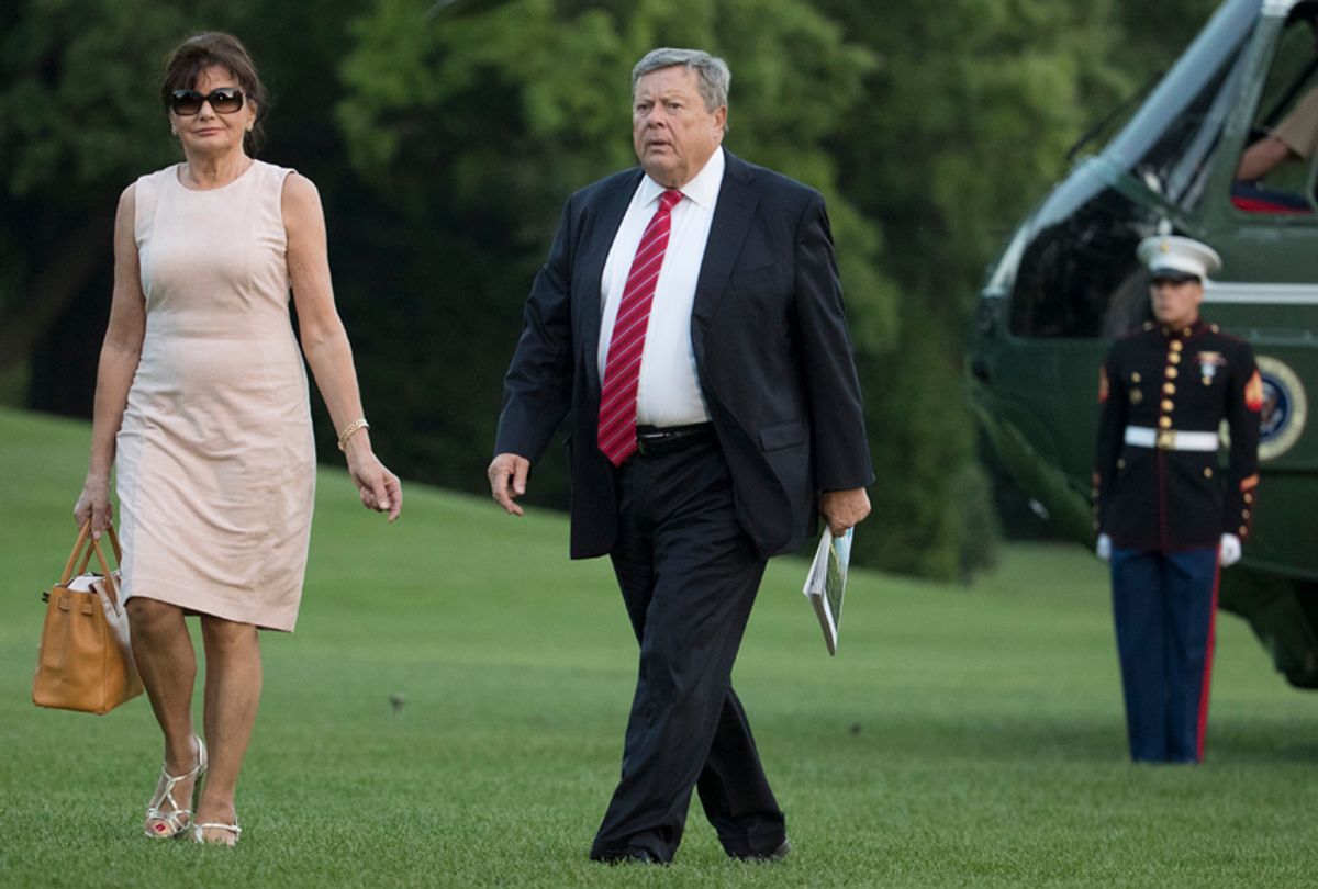 Viktor and Amalija Knavs, the parents of first lady Melania Trump, walk from Marine One across the South Lawn to the White House in Washington, Sunday, June 11, 2017. (AP/Carolyn Kaster)
