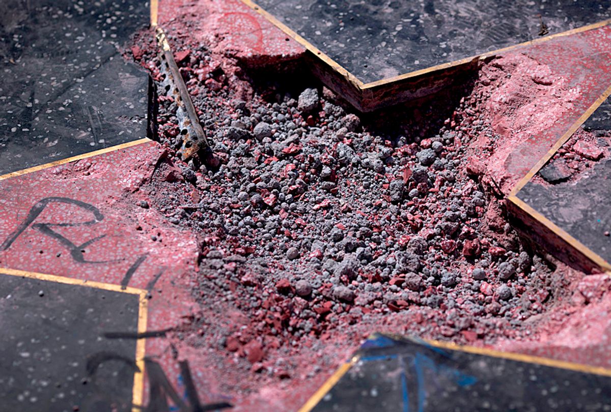 Rubble remains in the place where the Star of Donald Trump on the Hollywood Walk of Fame was destroyed by a vandal on July 25, 2018 (Getty/David McNew)