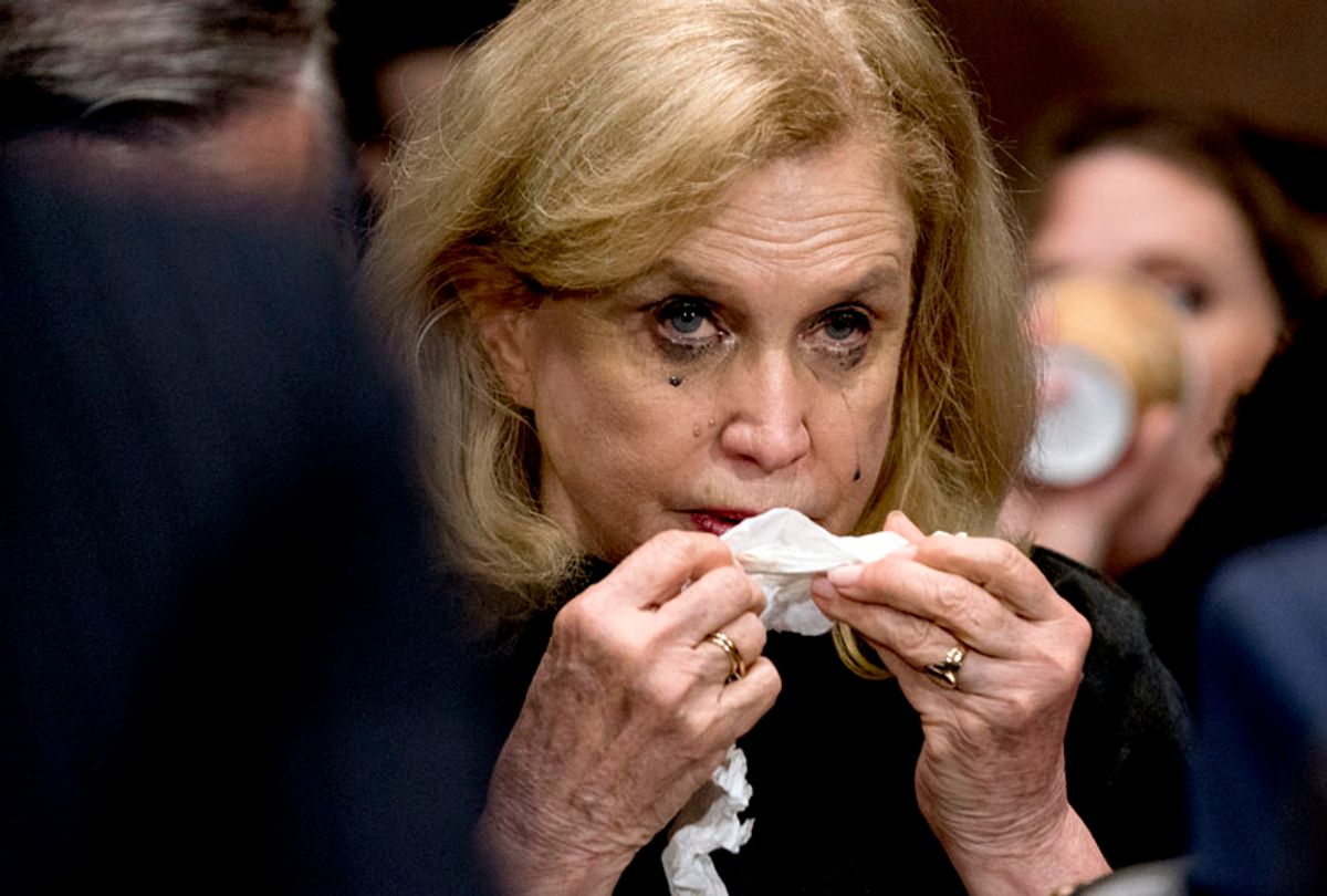 Rep. Carolyn Maloney, D-N.Y., becomes emotional while listening to Christine Blasey Ford testify before the Senate Judiciary Committee on Capitol Hill in Washington, Thursday, Sept. 27, 2018. (AP/Andrew Harnik)