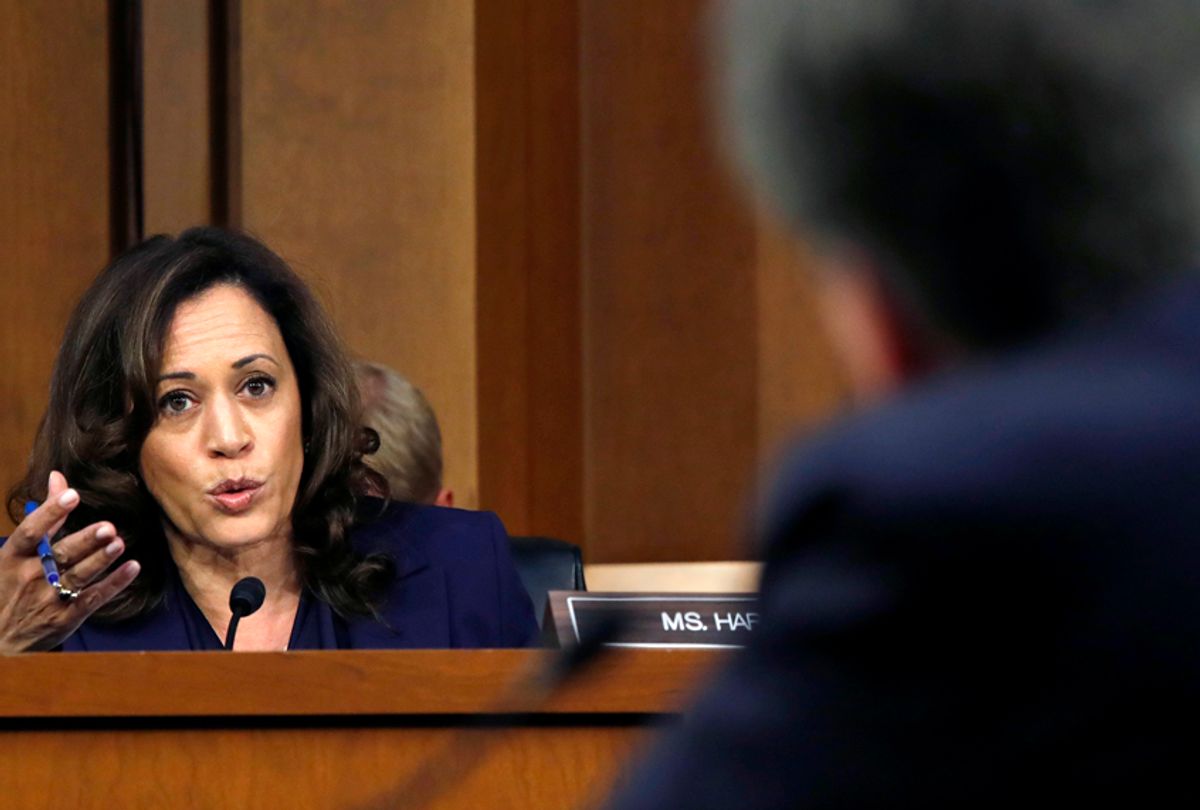 Sen. Kamala Harris questions Brett Kavanaugh in the evening of the second day of his Senate Judiciary Committee confirmation hearing, Sept. 5, 2018, on Capitol Hill in Washington, (AP/Jacquelyn Martin)