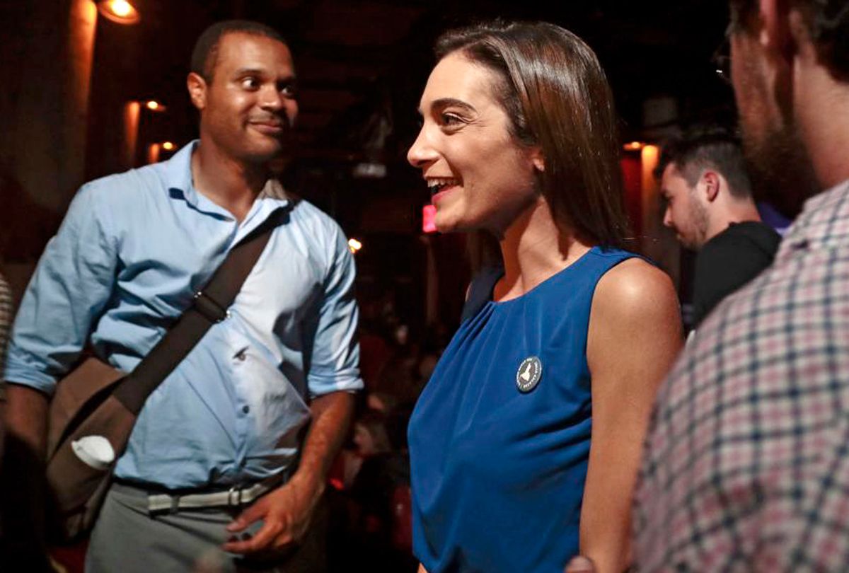 Julia Salazar talks with supporters after winning the Democratic primary in New York's 18th State Senate district race, Sept. 13, 2018, in New York. (AP/Julie Jacobson)