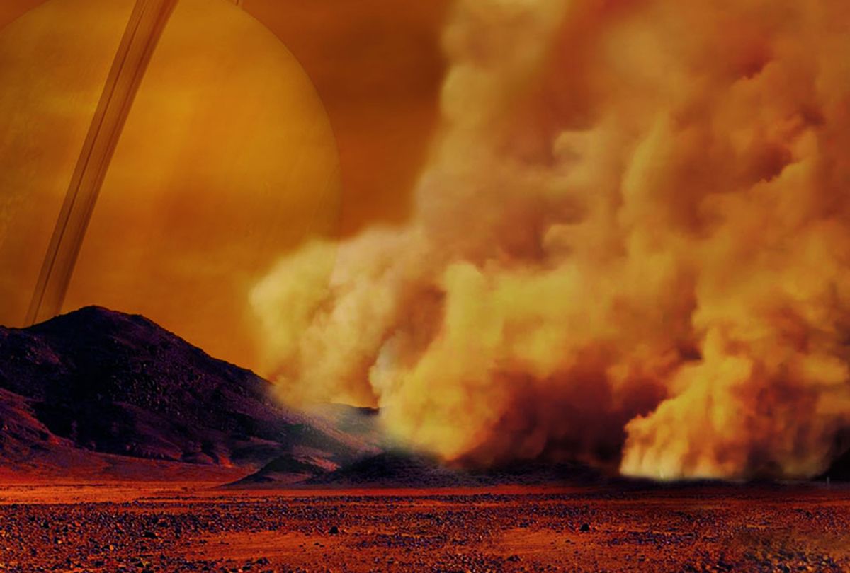 Artist's concept of a dust storm on Titan (NASA/ESA/IPGP/Labex UnivEarthS/University Paris Diderot)