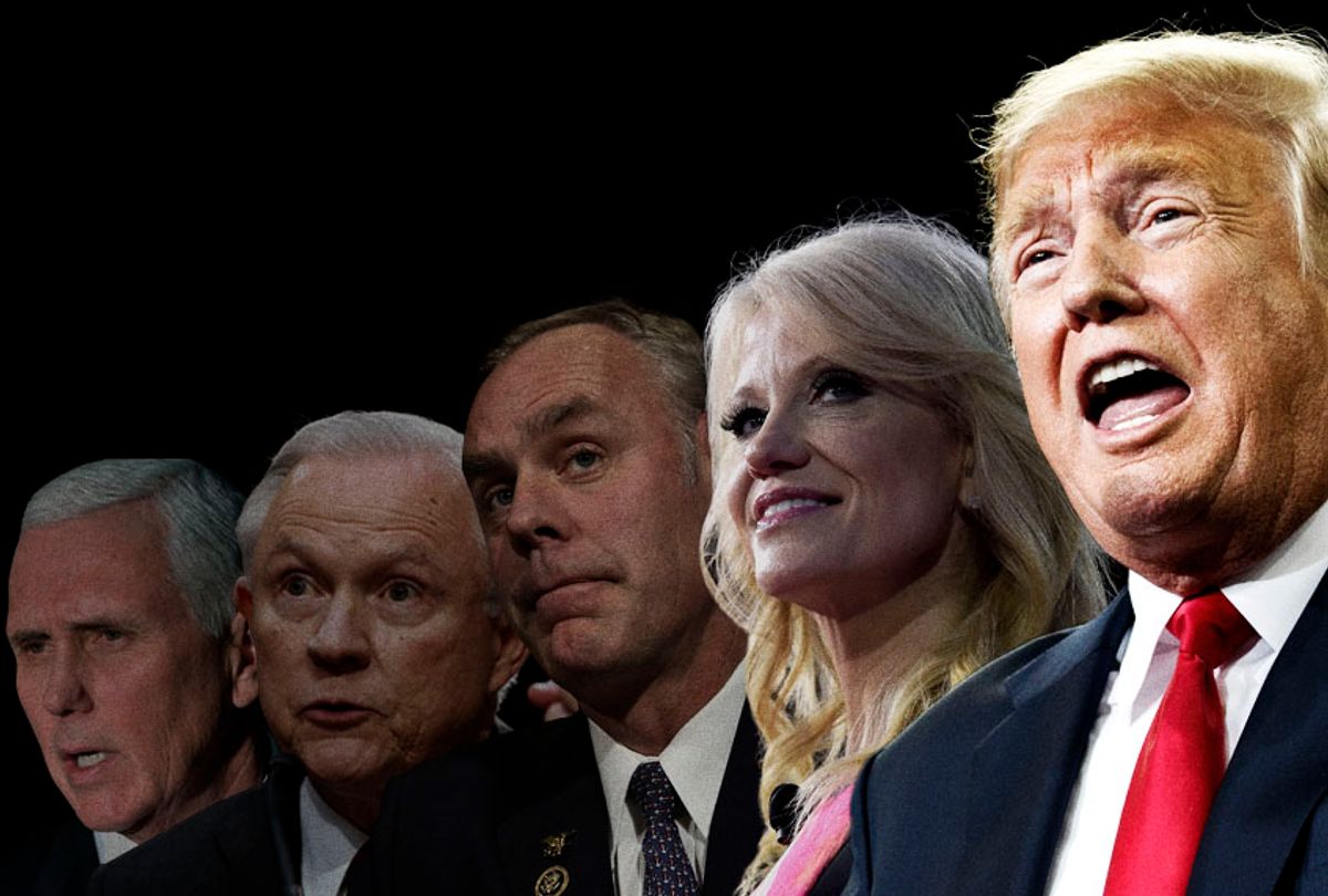 Mike Pence; Jeff Sessions; Ryan Zinke; Kellyanne Conway; Donald Trump (AP/Getty/Salon)