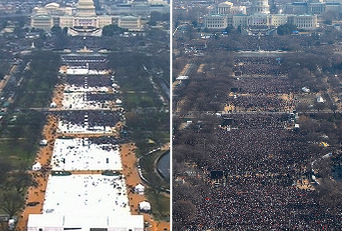 This pair of photos shows a view of the crowd on the National Mall at the inaugurations of President Donald Trump, left, on Jan. 20, 2017, and President Barack Obama, right on Jan. 20, 2009.  (AP Photo)