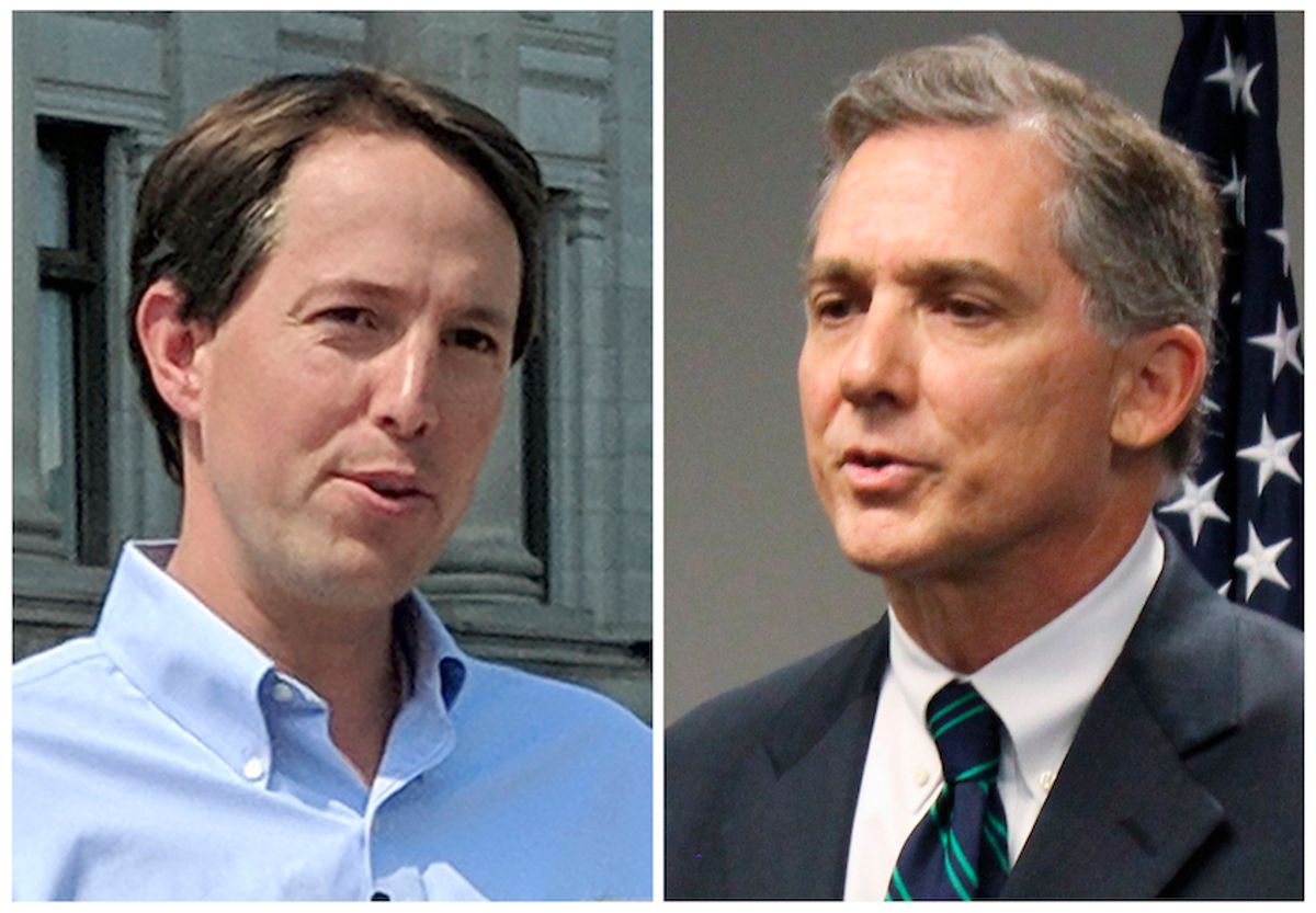 FILE - This combination of 2018 file photos shows Arkansas Congressional candidates, Democrat Clarke Tucker, left, and Republican U.S. Rep. French Hill.  (AP Photos/File)