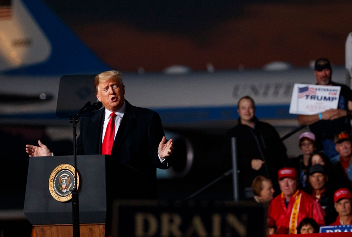 Donald Trump speaks at a campaign rally at Minuteman Aviation Hangar, Thursday, Oct. 18, 2018, in Missoula, Mont. (AP/Carolyn Kaster)