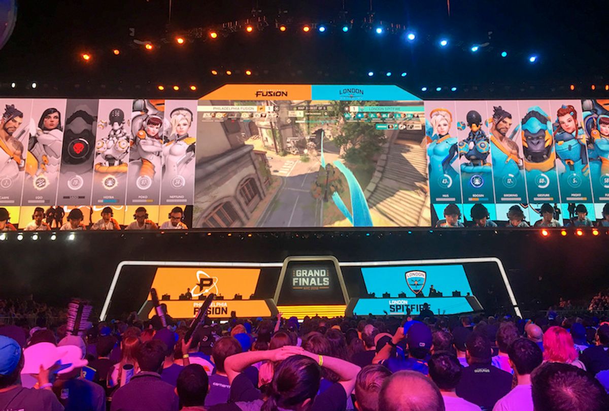Philadelphia Fusion and London Spitfire compete in the Overwatch League Grand Finals' first night of competition, July 27, 2018, at the Barclays Center in Brooklyn. (AP/Terrin Waack)