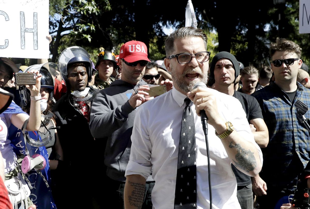Gavin McInnes speaks at a rally for free speech April 27, 2017, in Berkeley, Calif.  (AP/Marcio Jose Sanchez)