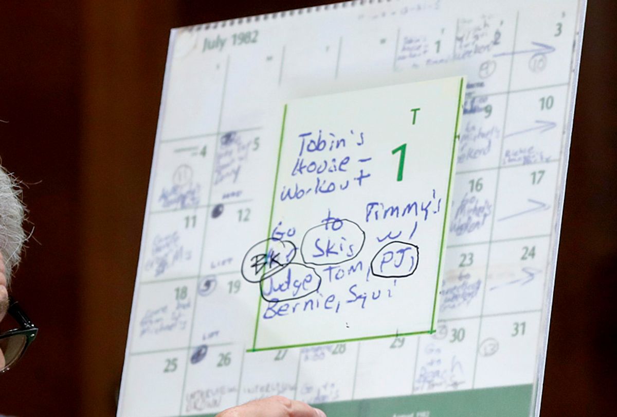 The names of friends of Brett Kavanaugh are circled on a depiction of his high school calendar. (AP/Pablo Martinez Monsivais)