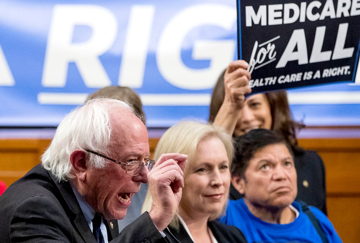 Bernie Sanders, accompanied by Kirsten Gillibrand, speaks to unveil their Medicare for All legislation to reform health care. (AP/Andrew Harnik)